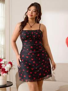 Solflare 2026春夏情人节新款休闲户外日常派对约会生日场合黑色网纱红色爱心印花吊带褶皱腰短款修身A字大码连衣裙 - 彩色 - 查看 3