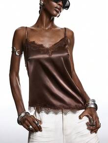 LYSMO 2025新款极简主义冬季女式棕色蕾丝缎面闪亮上衣，优雅蕾丝拼接吊带背心，适合夏季/冬季穿着，优雅派对圣诞新年派对上衣 - 咖啡棕 - 查看 6