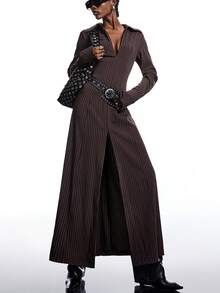 LYSMO Đầm dài tay nữ kẻ sọc, cài khuy nửa thân, kiểu dáng thường ngày. - màu nâu - Xem 4