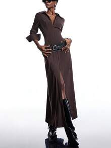 LYSMO Đầm dài tay nữ kẻ sọc, cài khuy nửa thân, kiểu dáng thường ngày. - màu nâu - Xem 6