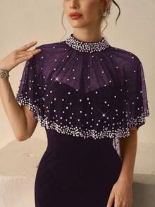 Coutiva 女士高端晚礼服，饰以仿珍珠，优雅正式，适合派对和盛会，奢华精致。 - 紫色 - 查看 3