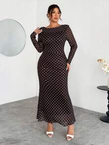 Firerie Vestido largo con espalda descubierta y dobladillo de cola de pez con lunares de café para mujer de talla grande, vestido de lunares blancos sobre base de café, vestido de malla elástica con forro, elegante para uso diario, viajes, fiestas, adecuado para primavera, otoño, invierno, elegante, viajes, citas, fiestas, bodas, graduaciones, actuaciones, conciertos, trabajo, reuniones anuales, vestido de cumpleaños para mujer - Café integral - Ver 5