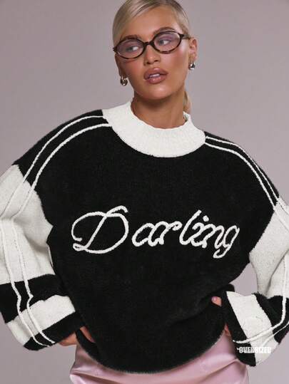 MUSERA Oversized Kabel-Strick Kontrast Grafik Muster "Darling" Pullover, Winter, Niedlich, Lässig, Gemütlich, Kirschlack, Frühling