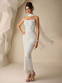 Coutiva Elegant And Sexy Strapless Backless Suspender Dress With Fan-Shaped Pearl Ribbon Design And Bodycon Straight Hem, Suitable For Birthday Party Dresses, Music Festival Dresses, Valentine's Day Dresses, Graduation Ceremony Dresses, Cocktail Parties, Parties, Dinner Dresses, Gatherings, And Daily Wear. Pearl Dress Glamorous Dress Elegant Dresses Luxury Dresses Gowns - White - View 6