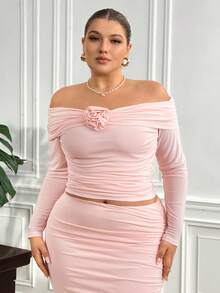 Truni 女士秋季服装，冬季加大码优雅纯色3D花卉装饰露肩T恤 - 粉色 - 查看 8