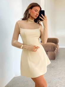 Aloruh Women's Elegant Mock Neck Fitted Sheer Waist A-Line Mini Dress, Burgundy - Apricot - View 1