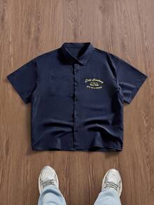 EASEVO Plus Size Men's Turn-Down Collar Single-Breasted Letter & Number Embroidery Casual Commuter Short Sleeve Shirt - Blue - View 6