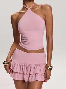 SHEIN BAE 女士纯色露脐吊带背心和荷叶边迷你裙性感时尚套装 - 粉色 - 查看 8