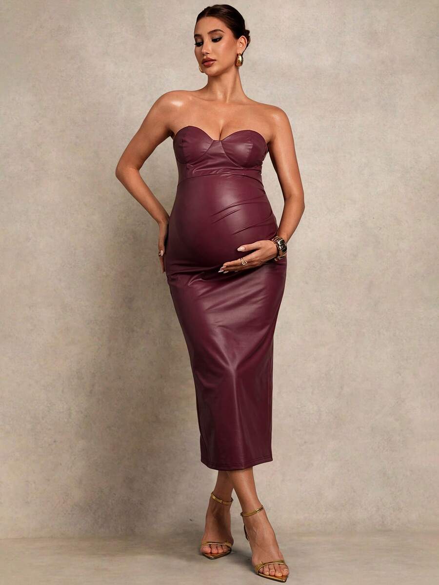 MaterniChic Vestido de maternidad ajustado de unicolor con bandeau de piel sintética - Burdeos - Ver 1