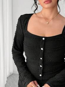 Elenzga Plus Size Women Solid Color Single-Breasted Long Sleeve T-Shirt And Midi Skirt Elegant 2-Piece Set Black Dresses For Women,Autumn Dinner Long Dress - Black - View 6