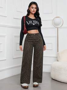 SHEIN ICON Women's High Waist Leopard Print Pocket Wide Leg Loose Casual Denim Pants - Multicolor - View 3