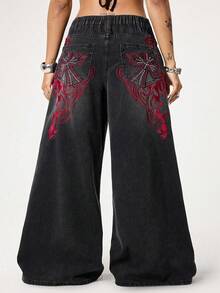ROMWE Grunge Punk Jeans rectos de talla grande con lavado desgastado, cruce y enredadera de estilo punk, extra largos para mujeres de talla grande - Negro - Ver 3