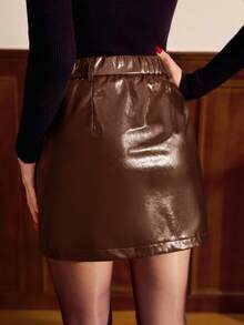 Vintamour 复古经典优雅女士半身裙，修身PU皮裙，安哥拉红亮面皮裙，带口袋短裙，秋冬棕色皮裙，高腰低腰女裙，春季女装半身裙 - 咖啡棕 - 查看 2