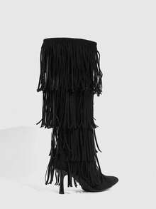 CUCCOO SZL Women's Pointed Toe Fringe Design Fashionable Elegant High Heel Knee-High Boots Valentine's Day - Black - View 3