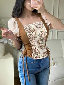 Feyla Bluză elegantă vintage pentru femei, cu mâneci bufante și imprimeu floral din dantelă