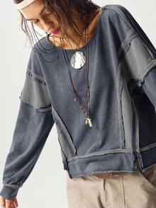 Bohemela Sweatshirt Wanita Lengan Panjang Berkerudung Longgar Model Crop Warna Polos Gaya BOHO Kasual untuk Musim Gugur/Dingin - Grey - View 2