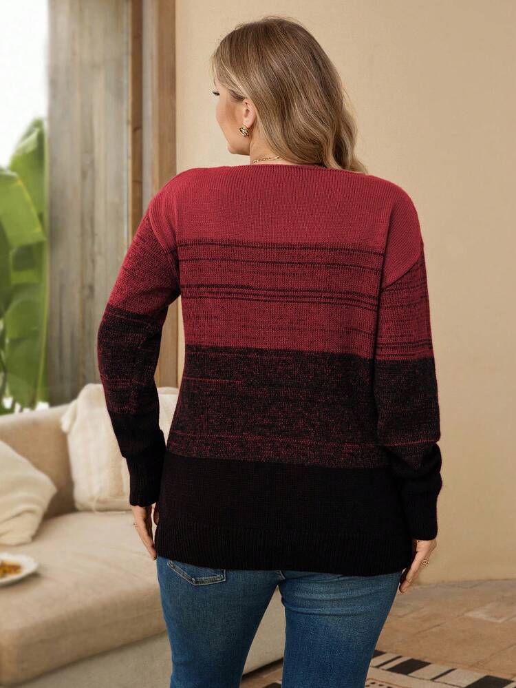 Plus Size Contrast Color Crew Neck Casual Pullover Long Sleeve Sweater In Fall/Winter