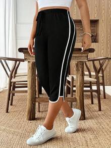 SHEIN CURVE+ 大码女式休闲运动优雅蝴蝶结条纹宽松裤 - 黑色 - 查看 4