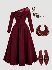 SHEIN MOD Đầm trễ vai phối ren màu đỏ tía cổ điển cỡ lớn dành cho phụ nữ - Màu Đỏ Sâu - Xem 1