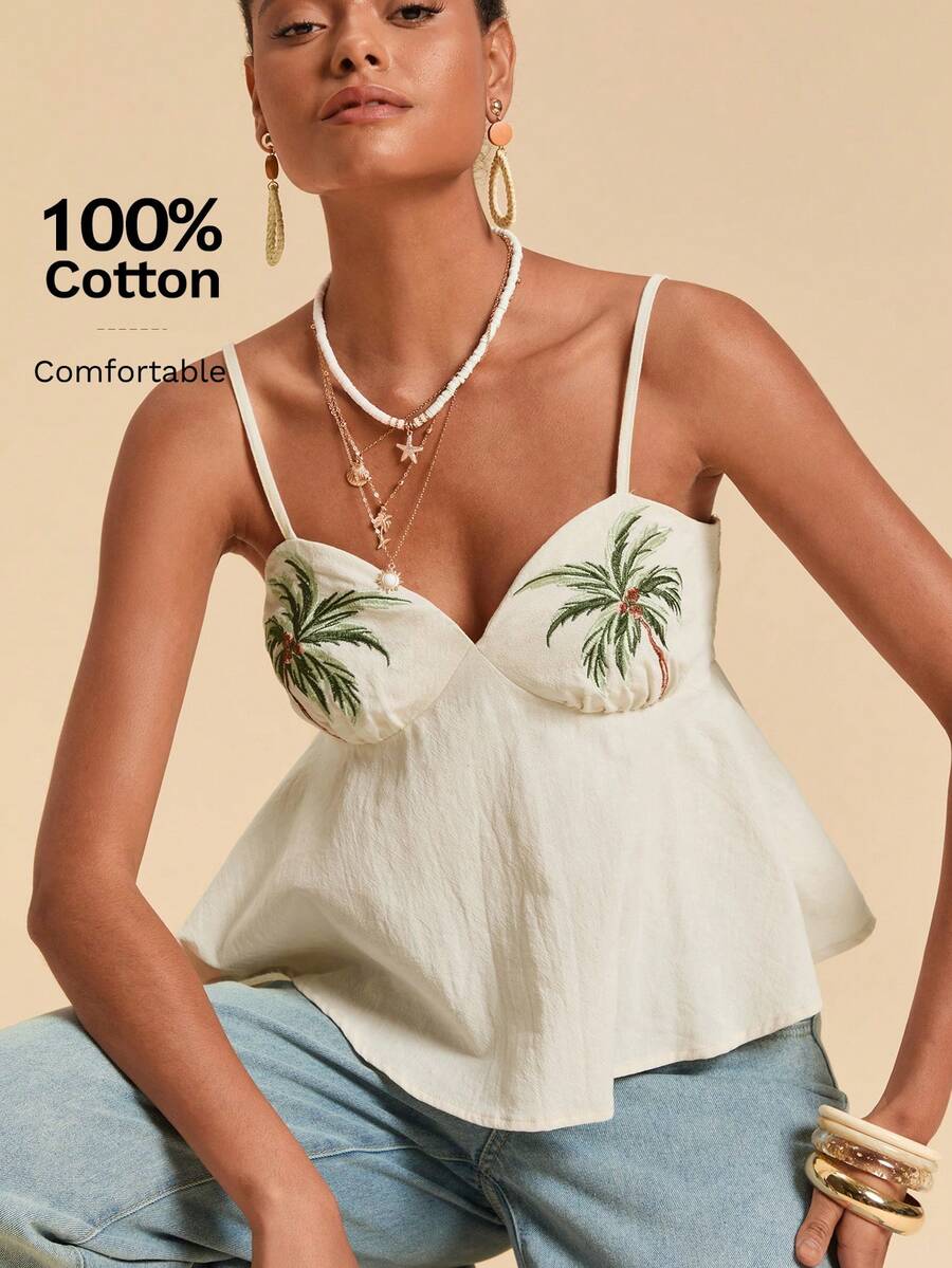 Travachic Áo hai dây thêu hoa lá trang trí ngày nghỉ, trang phục nghỉ dưỡng, áo nhiệt đới, giáng sinh, năm mới, lễ tạ ơn, áo sang trọng thanh lịch cho tiệc tùng, áo cưới sang trọng - Màu be - Xem 1