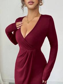 Elenzga 女士优雅通勤纯色裹身开衩连衣裙 - 酒紅色 - 查看 7