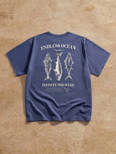 EASEVO Camiseta de manga corta casual de cuello redondo con estampado de letras y peces para hombres de talla grande