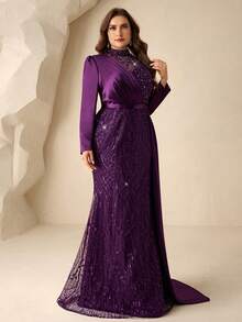 Coutiva Plus Size Elegant Long Sleeve Embroidered Patchwork Satin Hem Mermaid Skirt With Side Draping Design Suitable For Wedding Mother Of The Bride Evening Dress, Wedding Guest Dress, Formal Dinner Dress Valentines Dress Elegant Dress Sequin Dress Floral Dress - Purple - View 6