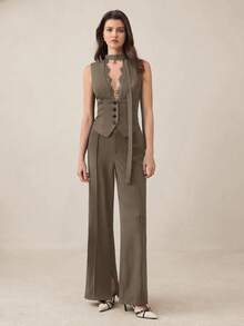 BizChic Elegant Lace Trim V-Neck Camisole, Versatile For Business Casual Jacket, Urban Commute, Women's Professional Attire, Autumn/Winter - Army Green - View 2