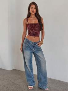 Aloruh Women's Burgundy Summer Elegant Draped Neck Metal Buckle Decor Jacquard Knit Cropped Tank Top,Seductive Party Night Tops - Burgundy - View 4
