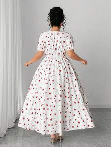 Elenzga Đầm maxi dáng chữ A tay phồng cổ vuông in hoa hồng dành cho nữ cỡ lớn, kiểu dáng cổ điển thanh lịch ngọt ngào lãng mạn, thích hợp cho hẹn hò, dự tiệc, kỳ nghỉ, đi biển, mùa xuân/hè. - Đỏ và trắng - Xem 2