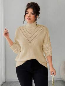 Elenzga Suéter de cuello en V de unicolor para mujer de talla grande, para invierno - Caqui - Ver 4