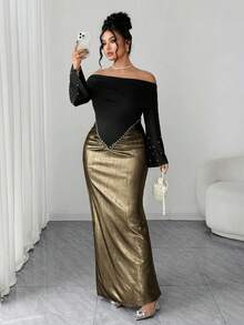 Elenzga Đầm dài tay trễ vai thanh lịch dành cho nữ, điểm nhấn là bèo nhún đính ngọc trai ở eo, thiết kế ôm sát eo cao, phối màu tương phản, thích hợp cho tiệc sinh nhật, các dịp trang trọng, hẹn hò, đám cưới. - Vàng - Xem 3