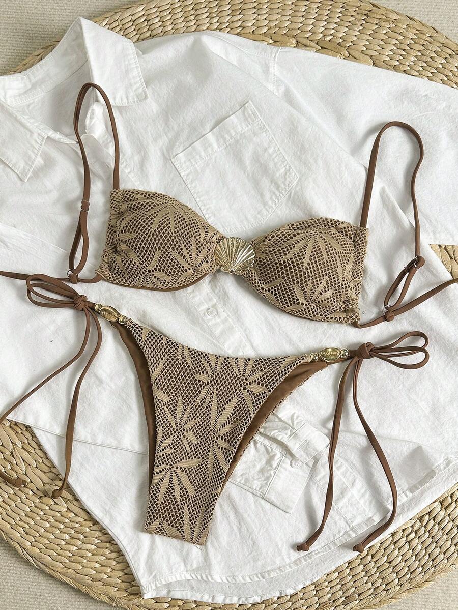 Swim Vcay Bộ bikini nữ mùa xuân/hè gồm áo hai dây dệt kim jacquard không gọng, họa tiết vỏ sò và quần bơi buộc dây bên hông, thích hợp cho kỳ nghỉ biển hoặc du lịch. - màu nâu - Xem 1