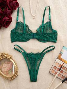Floral Lace Underwire Sexy Bra & Panty Lingerie Set - Dark Green - View 2