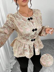 Elenzga 大码金线刺绣立领长袖衬衫，优雅休闲，适合外出、聚会、春节等场合。 - 淺粉色 - 查看 7