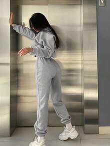 BamGleam Paris Minimalist Digital Print Front Casual Comfortable Versatile Streetwear Women Fleece Sweatshirt & Pants Set Fall Cloth For Women - Light Grey - View 2