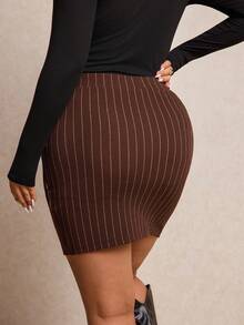 Elaquor 大码女式条纹褶皱紧身半身裙 棕色半身裙 曲线条纹半身裙 高腰半身裙 春季女装 春季女装半身裙 - 咖啡棕 - 查看 2