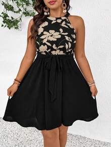 SHEIN Frenchy Plus Size Casual Vacation Floral Print Patchwork Black Waist Tie A-Line Halter Dress - Black - View 1