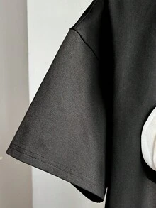 SHEIN 少女蜻蜓图案黑色圆领短袖休闲百搭T恤 - 黑色 - 查看 5