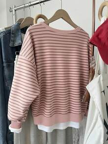Resyla Korean Style Fashionable Versatile Colorful Striped Pattern Sweatshirt, Suitable For Outerwear, Photography, Camping, Autumn, Winter, Back To School, Women's Regular Crew Neck