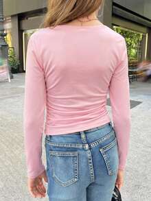 SHEIN Tween Girl Ruched Long Sleeve T-Shirt, Slit Cuffs, Waist Ruching, Square Neck T-Shirt, Autumn/Winter Top - Coral Pink - View 2