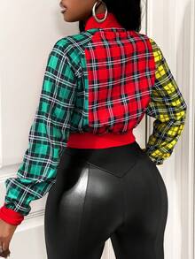 BamGleam 女士格子撞色拉链棒球领休闲百搭度假长袖外套 - 彩色 - 查看 2