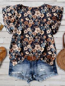 EMERY ROSE Áo kiểu nữ cổ tròn tay bồng in hoa, thích hợp mặc đi nghỉ mát. - Màu xanh lam - Xem 2
