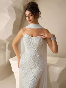 Coutiva Elegant And Sexy Strapless Backless Suspender Dress With Fan-Shaped Pearl Ribbon Design And Bodycon Straight Hem, Suitable For Birthday Party Dresses, Music Festival Dresses, Valentine's Day Dresses, Graduation Ceremony Dresses, Cocktail Parties, Parties, Dinner Dresses, Gatherings, And Daily Wear. Pearl Dress Glamorous Dress Elegant Dresses Luxury Dresses Gowns - White - View 2