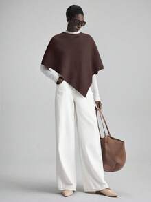 Ontre 2026春夏女士纯色羊毛混纺斗篷毛衣，简约优雅商务休闲通勤基础款上衣，适合办公室、教师、正式场合、夏季、情人节等场合。 - 棕色 - 查看 3