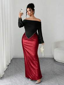 Elenzga 大码女士优雅露肩长袖连衣裙，珍珠腰部荷叶边设计，高腰修身剪裁，撞色点缀，适合生日派对、正式场合、约会、婚礼等场合。 - 酒紅色 - 查看 6