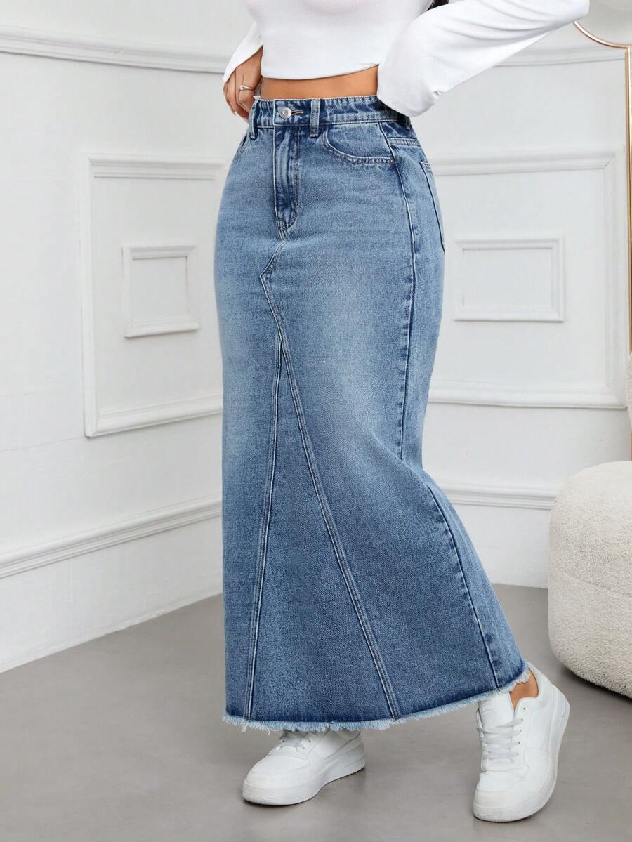 Jeanoix Women's High Waist Pocketed Frayed Hem Casual & Work Denim Midi Skirt - Blue - View 1