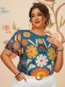 Travachic 大码女式热带印花宽松休闲短袖衬衫 - 彩色 - 查看 3