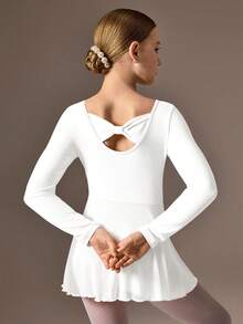 SHEIN 少女长袖粉色芭蕾舞裙，圆领前片褶皱设计，后背可爱蝴蝶结，柔软轻盈的网纱裙摆，裆部按扣设计，高弹亲肤，适合舞蹈、瑜伽和运动穿着。 - 白色 - 查看 6