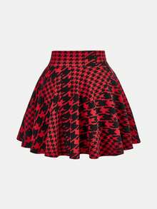 SHEIN Girlism 少女休闲格子交叉腰A字裙，舒适简约设计 - 紅色 - 查看 2